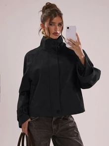 SHEIN BAE 女款素色休閒百搭日常長袖外套 - 黑色 - 查看 4
