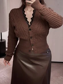 Vibekara Plus Size Vintage Button Lace Patchwork Knit Cardigan - Brown - View 3