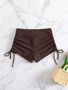 SHEIN Swim Celana Pendek Renang Wanita dengan Tali Serut dan Detail Kerut untuk Liburan di Pantai - Coklat - View 2