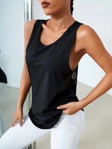 SHEIN Sports SHElN Sport Gameset Solid Racer Back Sports Tank Top Workout Topsworkout Tank Top - Black - View 8