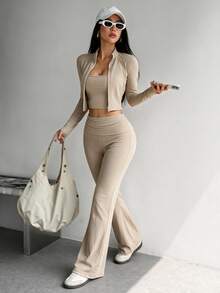 Dewbera Dewbera 女士三件套瑜伽健身套装，休闲性感户外跑步 U 领上衣，舒适收腹提拉紧身裤，高领紧身长袖拇指孔夹克 - 卡其色 - 查看 2