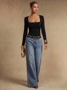 Silquee Women's Solid Color Square Neck Slim Fit Versatile Everyday Long-Sleeved Jumpsuit, Black Long-Sleeved Jumpsuit For Commuting Or Office Wear. - Black - View 6