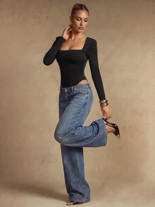 Silquee Women's Solid Color Square Neck Slim Fit Versatile Everyday Long-Sleeved Jumpsuit, Black Long-Sleeved Jumpsuit For Commuting Or Office Wear. - Black - View 3