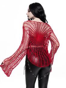 ROMWE Dark Gothic Spider Web Design Hollow Out Sheer Pullover Sweater For Women - Red - View 6