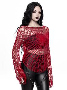 ROMWE Dark Gothic Spider Web Design Hollow Out Sheer Pullover Sweater For Women - Red - View 5