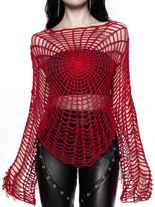 ROMWE Dark Gothic Spider Web Design Hollow Out Sheer Pullover Sweater For Women - Red - View 2
