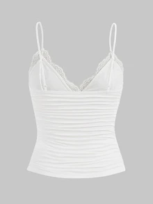 SHEIN ICON Contrast Lace Ruched Y2k Bow Detail Cami Top - White - View 3