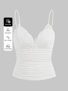 SHEIN ICON Contrast Lace Ruched Y2k Bow Detail Cami Top - White - View 6