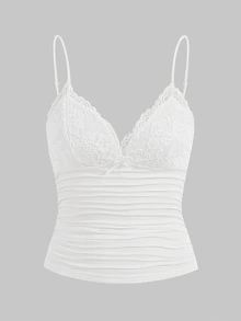 SHEIN ICON Contrast Lace Ruched Y2k Bow Detail Cami Top - White - View 4