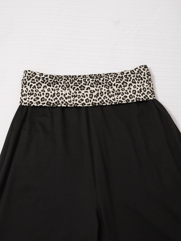 Sparklyn Teen Girl Leopard Waistband 2 Pieces Set, Long Sleeve Crop Top With Wide Leg Sweatpants Outfits, Preppy Campus Aesthetic Casual Cozy Streetwear - Black - View 8