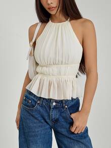SHEIN PETITE Women's Pleated Halter Neckline Waist-Tied Backless Tank Top,Petite Women Brunch Off-White Summer Romantic Elegant - Beige - View 10