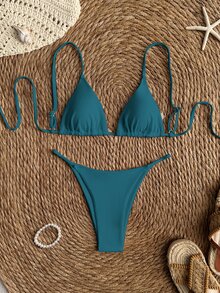 SHEIN Swim Women's Teal Summer Elegant Triangle Bikini Set,Solid Color Spaghetti Strap String Swimwear Two Pieces For Beach Party,Holiday,Holiday,Beach - Green - View 2