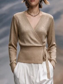 Omancia Solid Wrap Knot Side Lightweight Cardigan - Khaki - View 5