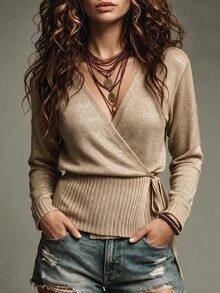 Omancia Solid Wrap Knot Side Lightweight Cardigan - Khaki - View 3