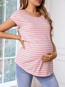 SHEIN Maternity Striped Short Sleeve Nursing Function T-Shirt World Cup - Baby Pink - View 3