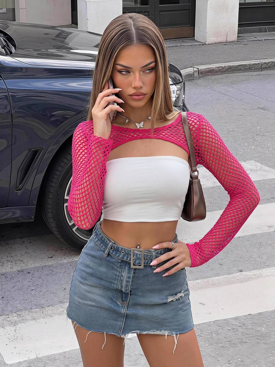 SHEIN ICON 1 pieza Top súper crop de malla sin top tubo - Rosa Fucsia - Ver 1