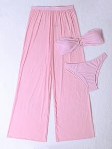 SHEIN Swim 女士纯色简约日常比基尼套装，可分离设计，3 件套夏季 - 粉色 - 查看 3