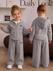 Cozy Pixies Baby Girl Knit Solid Color Hooded Casual T-Shirt And Long Pants 2 Pieces Set - Grey - View 4
