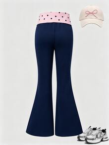 SHEIN Tween GirlsFashionable Pink & Black Polka Dot Patchwork Minimalist Slim Fit Flare Long Pants Casual Outfit For Spring/Summer, Fall Clothes, Autumn - Blue - View 2