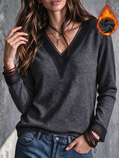 Ceyna Suéter de punto de cuello en V de manga larga con patchwork de encaje, color gris oscuro, estilo casual francés, nuevo para otoño, talla grande para mujer, ajuste ceñido favorecedor, suave, versátil, elegante, estilo maduro, adecuado para usar solo o como capa debajo de prendas exteriores, ideal para ir al trabajo o citas