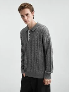 RONVEXI Men's Polo Collar Cable Knit Long Sleeve Casual Sweater - Multicolor - View 3