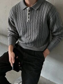 RONVEXI Men's Polo Collar Cable Knit Long Sleeve Casual Sweater - Multicolor - View 1