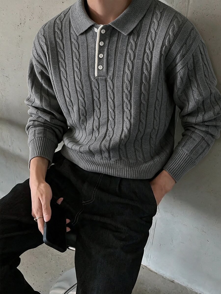 RONVEXI Men's Polo Collar Cable Knit Long Sleeve Casual Sweater - Multicolor - View 1