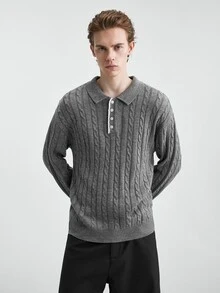 RONVEXI Men's Polo Collar Cable Knit Long Sleeve Casual Sweater - Multicolor - View 5