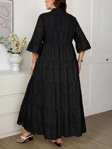 Easowa Curve 大尺碼純色鏤空刺繡長洋裝 秋季早午餐度假正式派對 黑色優雅休閒波希米亞星空風 - 黑色 - 查看 3
