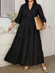 Easowa Curve 大尺碼純色鏤空刺繡長洋裝 秋季早午餐度假正式派對 黑色優雅休閒波希米亞星空風 - 黑色 - 查看 6