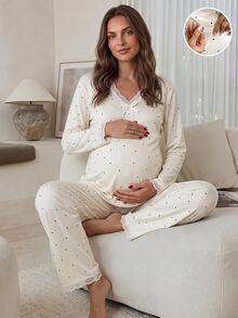 Slowluna Maternity Lace Trim Long Sleeve Top And Adjustable Waist Long Pants Casual Daily 2 Pieces Set Fall - Apricot - View 1