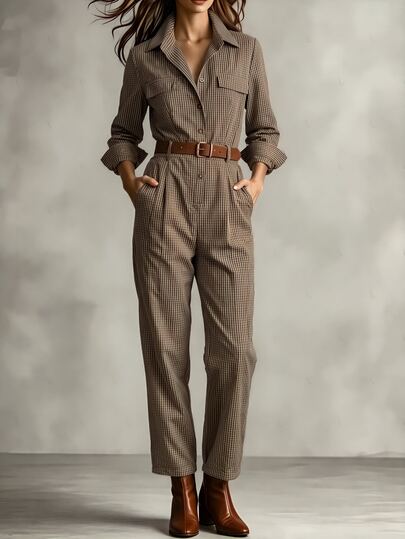Trelyra French Vintage Classic Elegant Brown And White Plaid Long Sleeve Jumpsuit, Retro Suitable For Daily Outfits Office Brunch Autumn Thanksgiving,No Belt