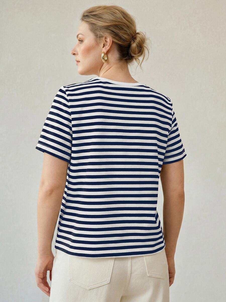 MOTF PREMIUM CLASSIC STRIPED ROUND NECK SHORT SLEEVE T-SHIRT WOMEN SPRING SUMMER NEW LOOSE COLORBLOCK PLUS SIZE TOP - Blue and White - View 2