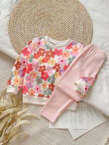 SHEIN Vintaside Kids Girls Yellow Ombre Floral Long Sleeve Sweatshirt & Ribbed Leggings Set, Fashionable & Cute Outfit For Spring/Autumn - Pink - View 11