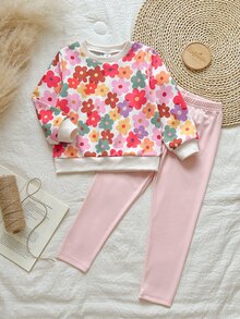 SHEIN Vintaside Kids Girls Yellow Ombre Floral Long Sleeve Sweatshirt & Ribbed Leggings Set, Fashionable & Cute Outfit For Spring/Autumn - Pink - View 6