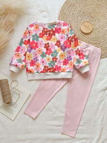 SHEIN Vintaside Kids Girls Yellow Ombre Floral Long Sleeve Sweatshirt & Ribbed Leggings Set, Fashionable & Cute Outfit For Spring/Autumn - Pink - View 2