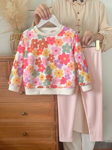 SHEIN Vintaside Kids Girls Yellow Ombre Floral Long Sleeve Sweatshirt & Ribbed Leggings Set, Fashionable & Cute Outfit For Spring/Autumn - Pink - View 3