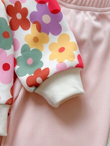 SHEIN Vintaside Kids Girls Yellow Ombre Floral Long Sleeve Sweatshirt & Ribbed Leggings Set, Fashionable & Cute Outfit For Spring/Autumn - Pink - View 5