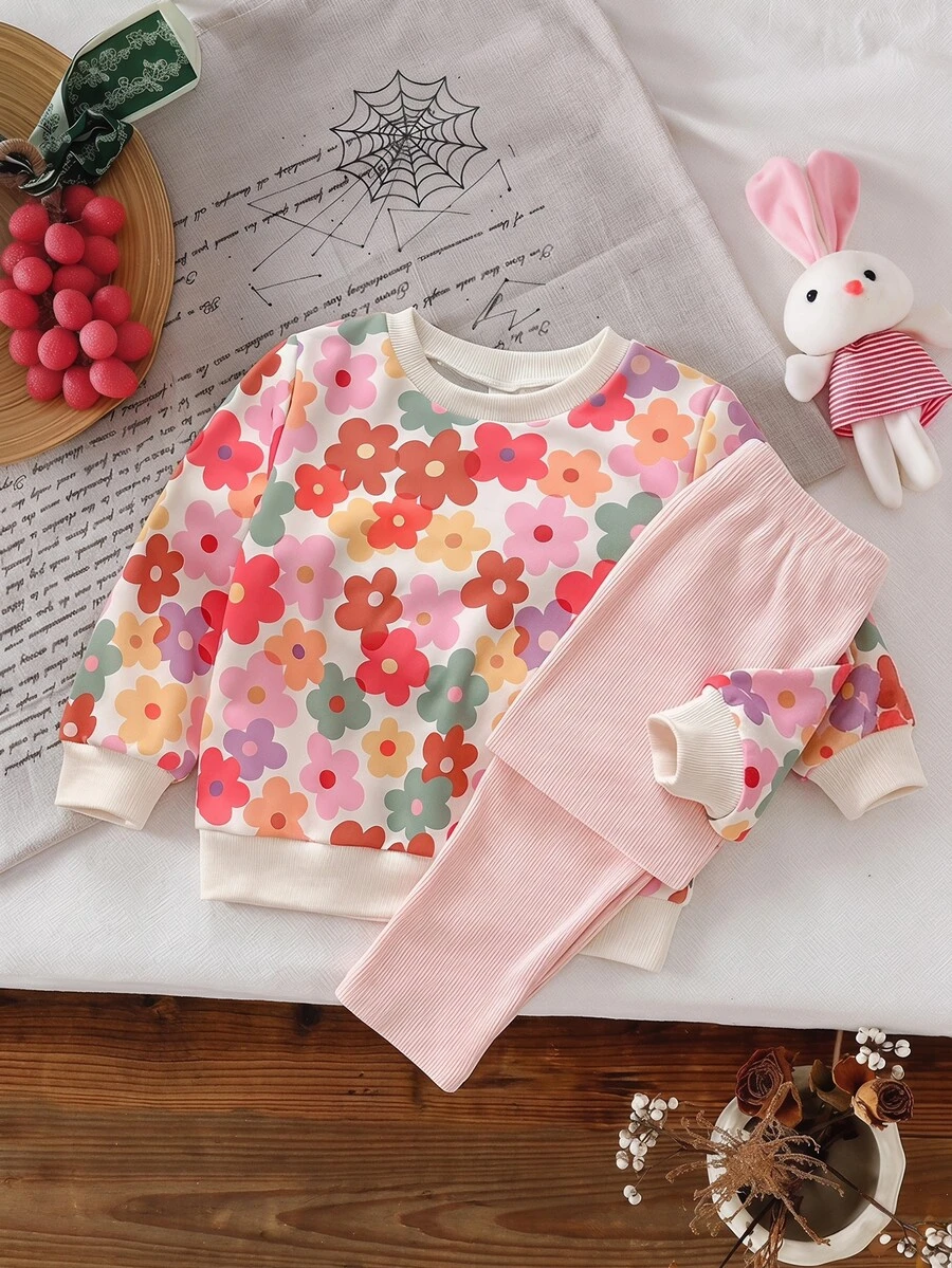 SHEIN Vintaside Kids Girls Yellow Ombre Floral Long Sleeve Sweatshirt & Ribbed Leggings Set, Fashionable & Cute Outfit For Spring/Autumn - Pink - View 1