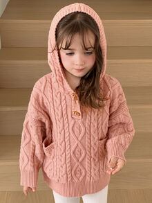 Dazy Kids 女童麻花編織牛角扣連帽長袖針織衫 秋季 - 粉色 - 查看 3
