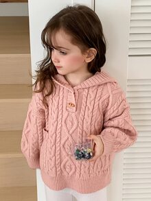 Dazy Kids 女童麻花編織牛角扣連帽長袖針織衫 秋季 - 粉色 - 查看 9