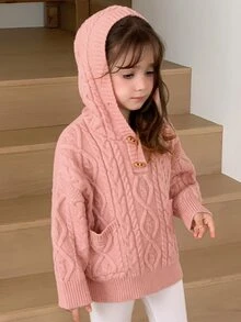 Dazy Kids 女童麻花編織牛角扣連帽長袖針織衫 秋季 - 粉色 - 查看 5
