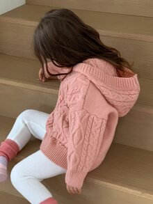 Dazy Kids 女童麻花編織牛角扣連帽長袖針織衫 秋季 - 粉色 - 查看 2
