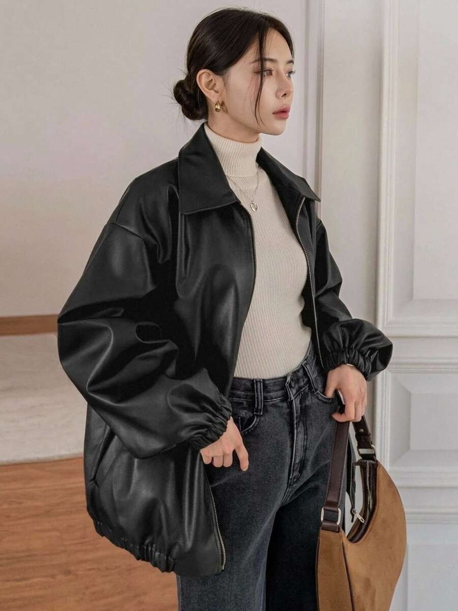 Dazy-Less Drop Shoulder Slant Pockets PU Jacket,Fall Women Clothes ...