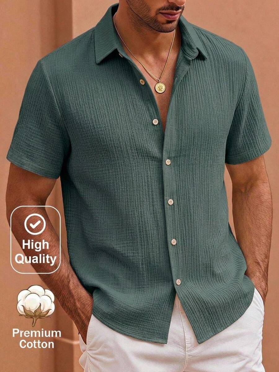 HIMLAND Men's Dark Green Short-Sleeve Textured Shirt, Spread-Collar Top, Lightweight Summer, Relaxed Minimalist Halloween Winter Party Autumn - Dark Green - View 1