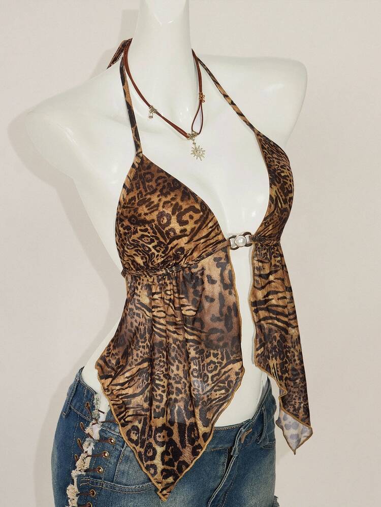 SHEIN ICON Vintage Sexy Y2k Leopard Print Backless Halter Neck Camisole With Slit Hem Cheetah Print Night Out Vacation Taupe Summer - Brown - View 9