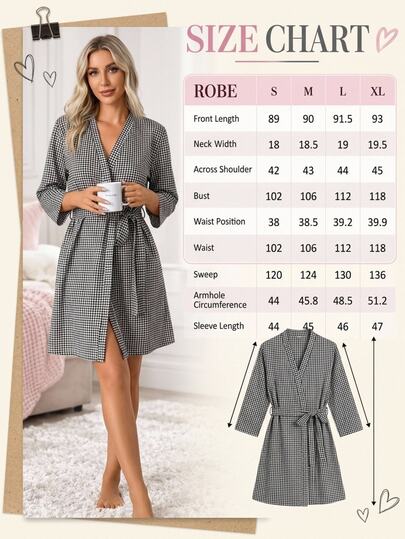 SHEIN Cottnline Bata de mujer a cuadros con cinturón, manga larga, ropa de estar en casa, ropa de dormir, a cuadros blanco y negro, otoño, simple y casual
