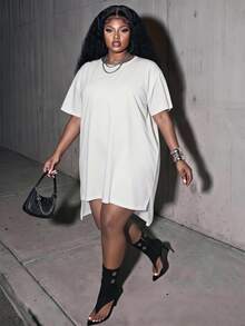 Slaydiva Plus Size Summer Dresses For Women, Solid Batwing Sleeve Loose Tunic Mini Dress, Formal Holiday Party Dates Fashion Week Vacation All White - White - View 2