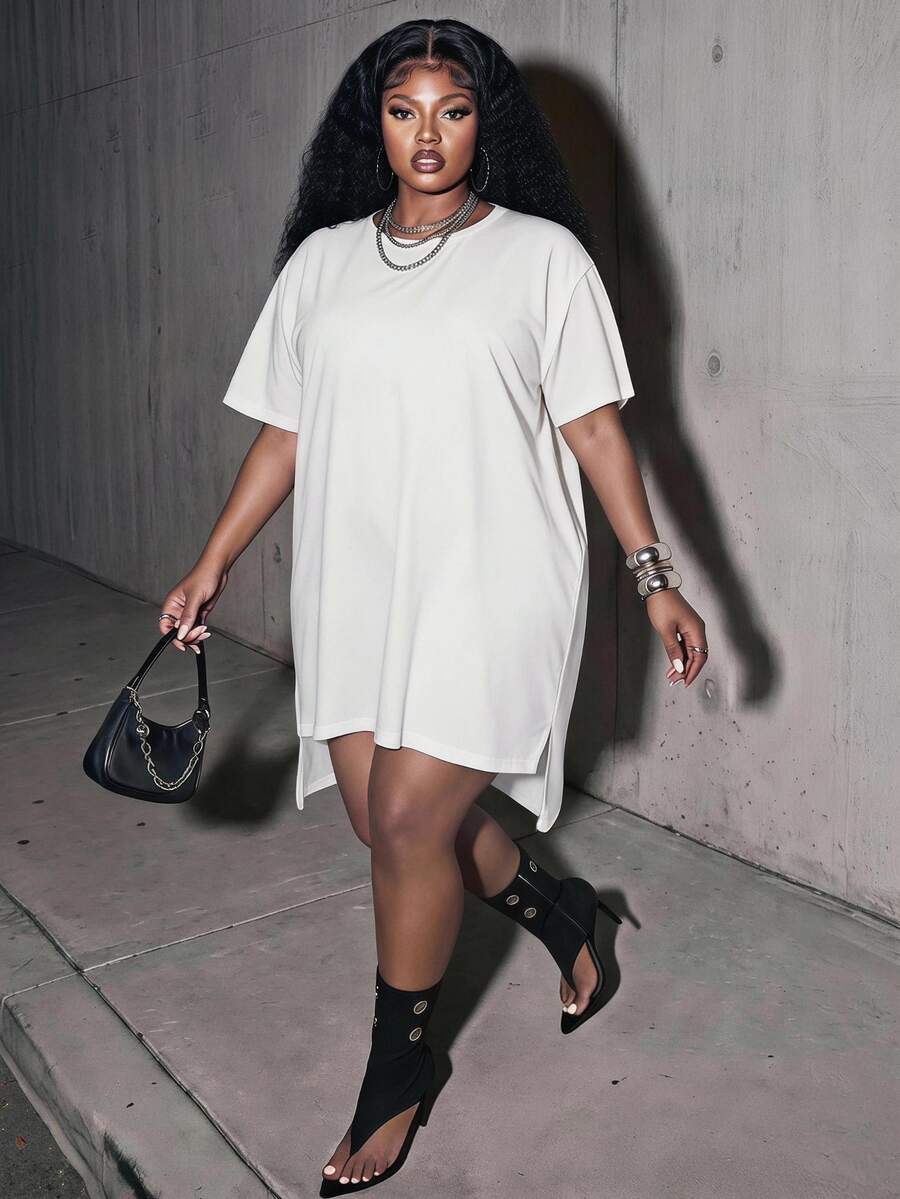 Slaydiva Plus Size Summer Dresses For Women, Solid Batwing Sleeve Loose Tunic Mini Dress, Formal Holiday Party Dates Fashion Week Vacation All White