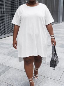 Slaydiva Plus Size Summer Dresses For Women, Solid Batwing Sleeve Loose Tunic Mini Dress, Formal Holiday Party Dates Fashion Week Vacation All White - White - View 6